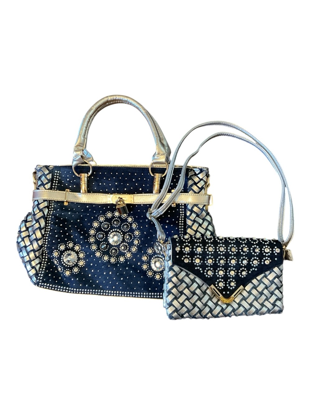 2 BAGS! Denim crossbody and matching large Tote shoulder bag bling diamond set